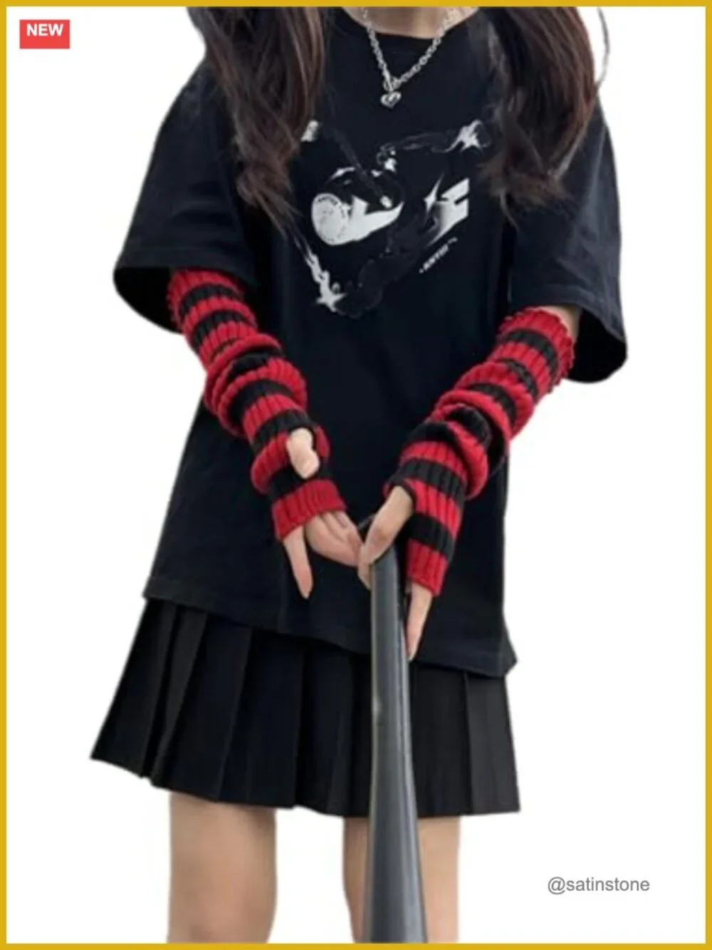 Gothic Punk Striped Arm Warmers Fingerless Gloves Y2K Emo Acrylic
